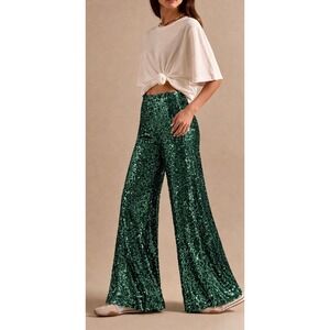 Anthropologie Green Sequin Wide Leg Pants Tall Size 10T Disco Party Flare NWT